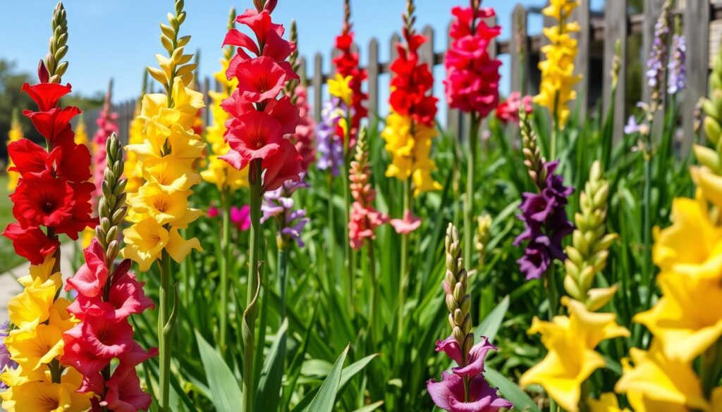 odmiany gladioli w różnych kolorach rosnące w ogrodzie odmiany gladioli w różnych kolorach rosnące w ogrodzie