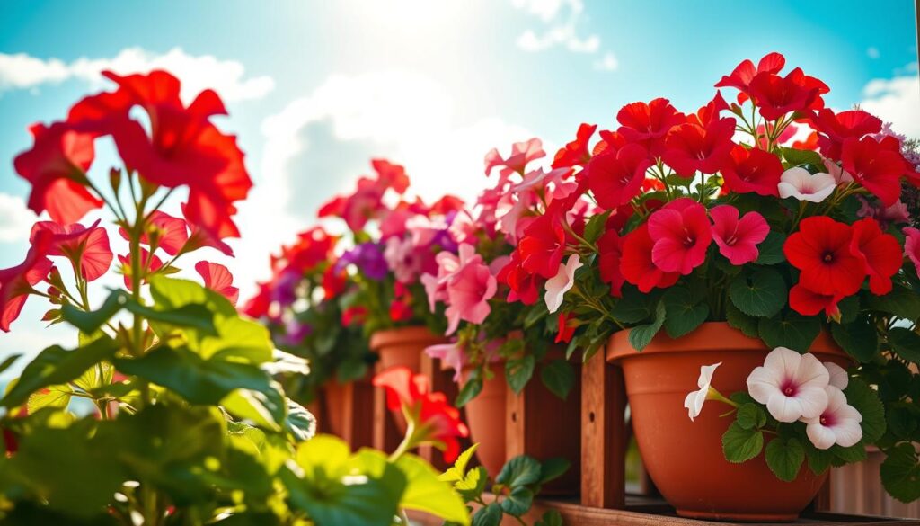 pelargonia kwitnąca na balkonie w różnych kolorach pelargonia kwitnąca na balkonie w różnych kolorach